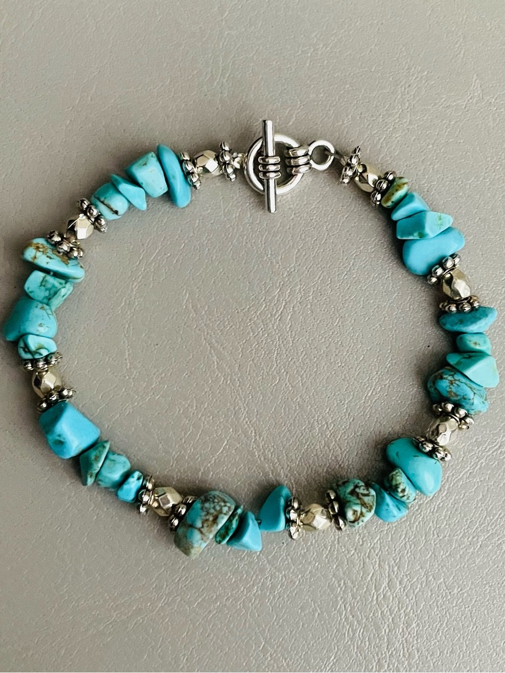 Turquoise Chip and Silver Accent Bracelet - Handcrafted